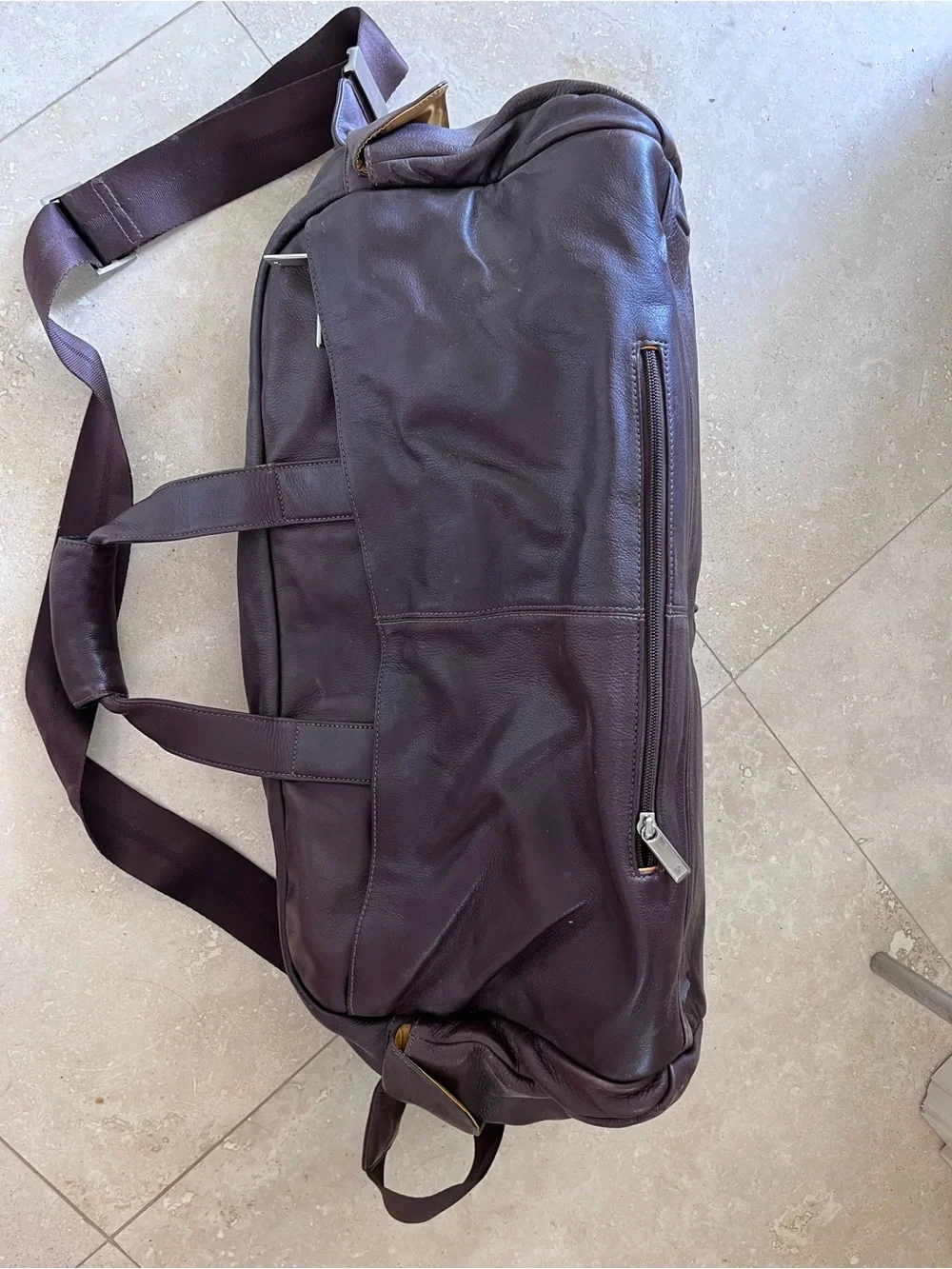 Tumi Dark Brown Leather Duffel Bag with Adjustable Strap
